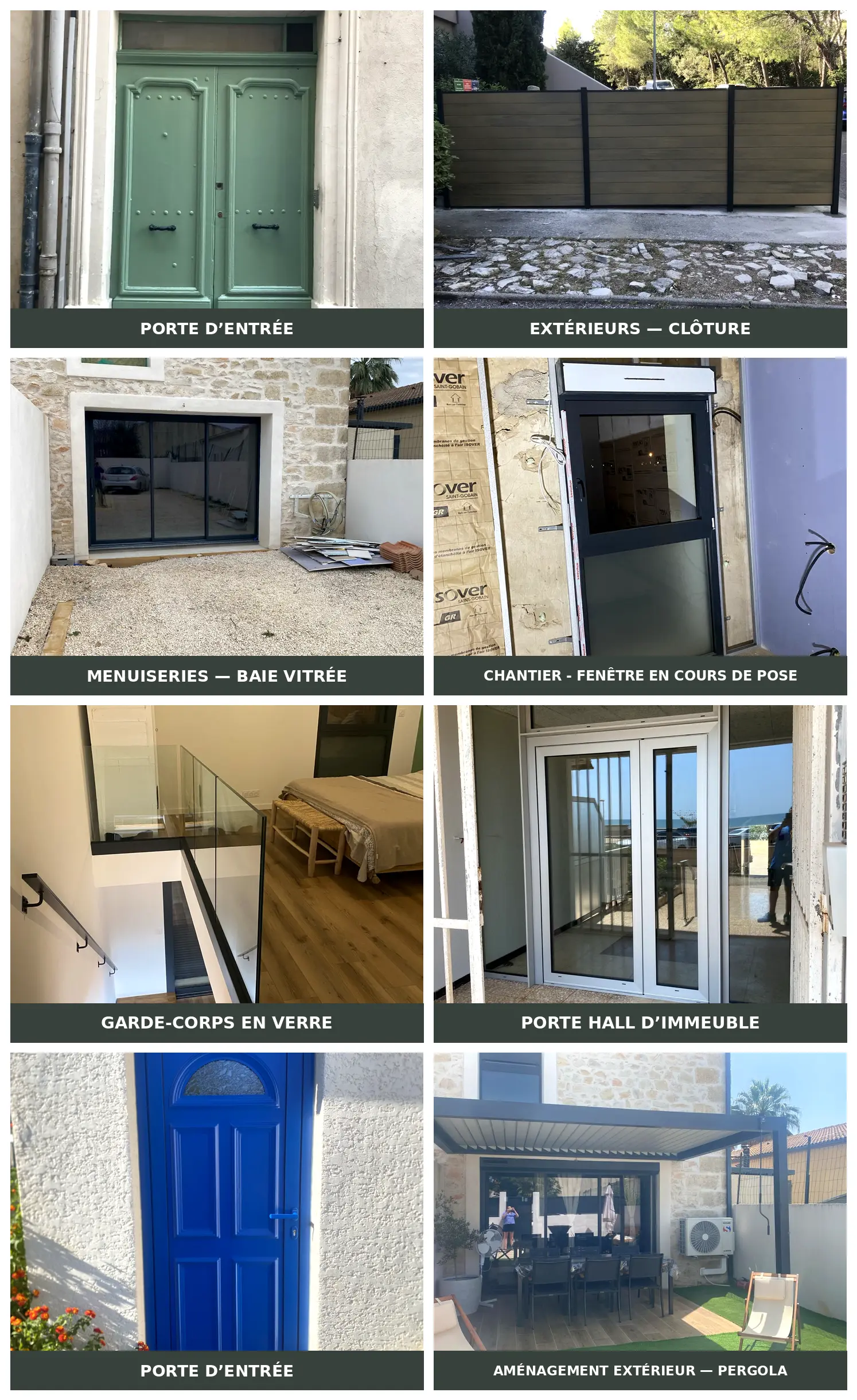 Montage de huit photos de réalisations EM HABITAT : portes d'entrée, clôture, baie vitrée, fenêtre en cours de pose, garde-corps en verre, porte hall d'immeuble et pergola.